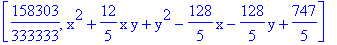 [158303/333333, x^2+12/5*x*y+y^2-128/5*x-128/5*y+747/5]